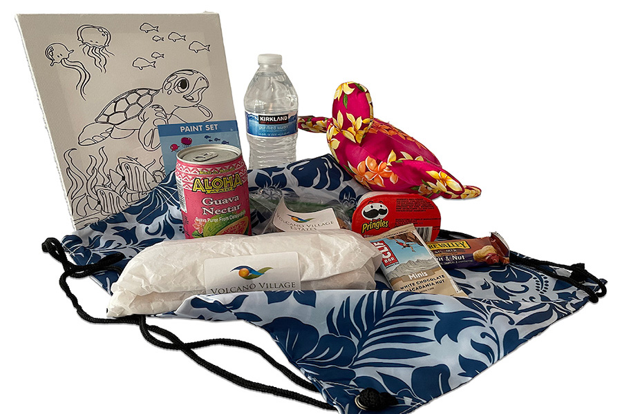 Our explorer pack with some freebies including food, beverages, and other souvenir