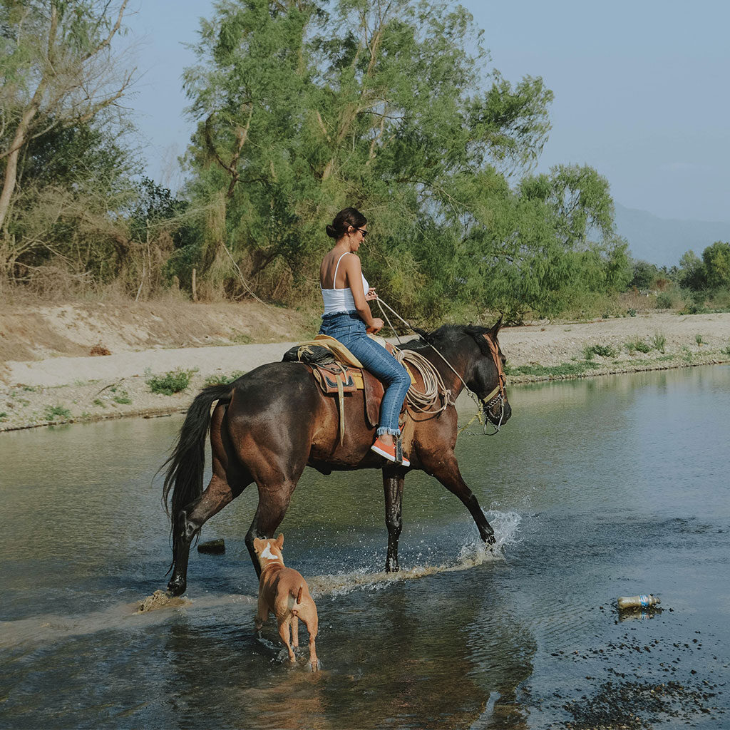 A woman horseback riding with her dog on a river