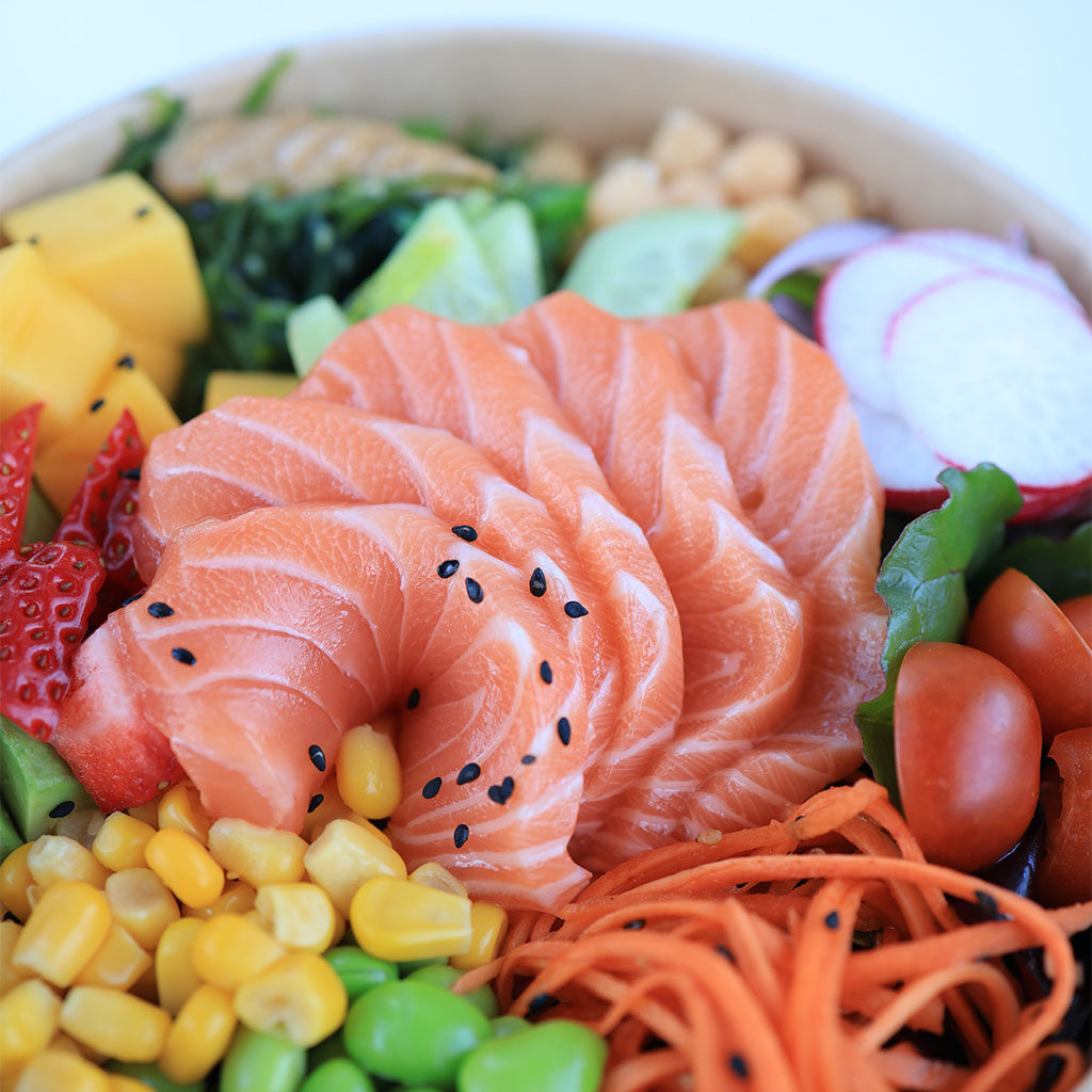 Raw salmon with some vegetables in a bowl