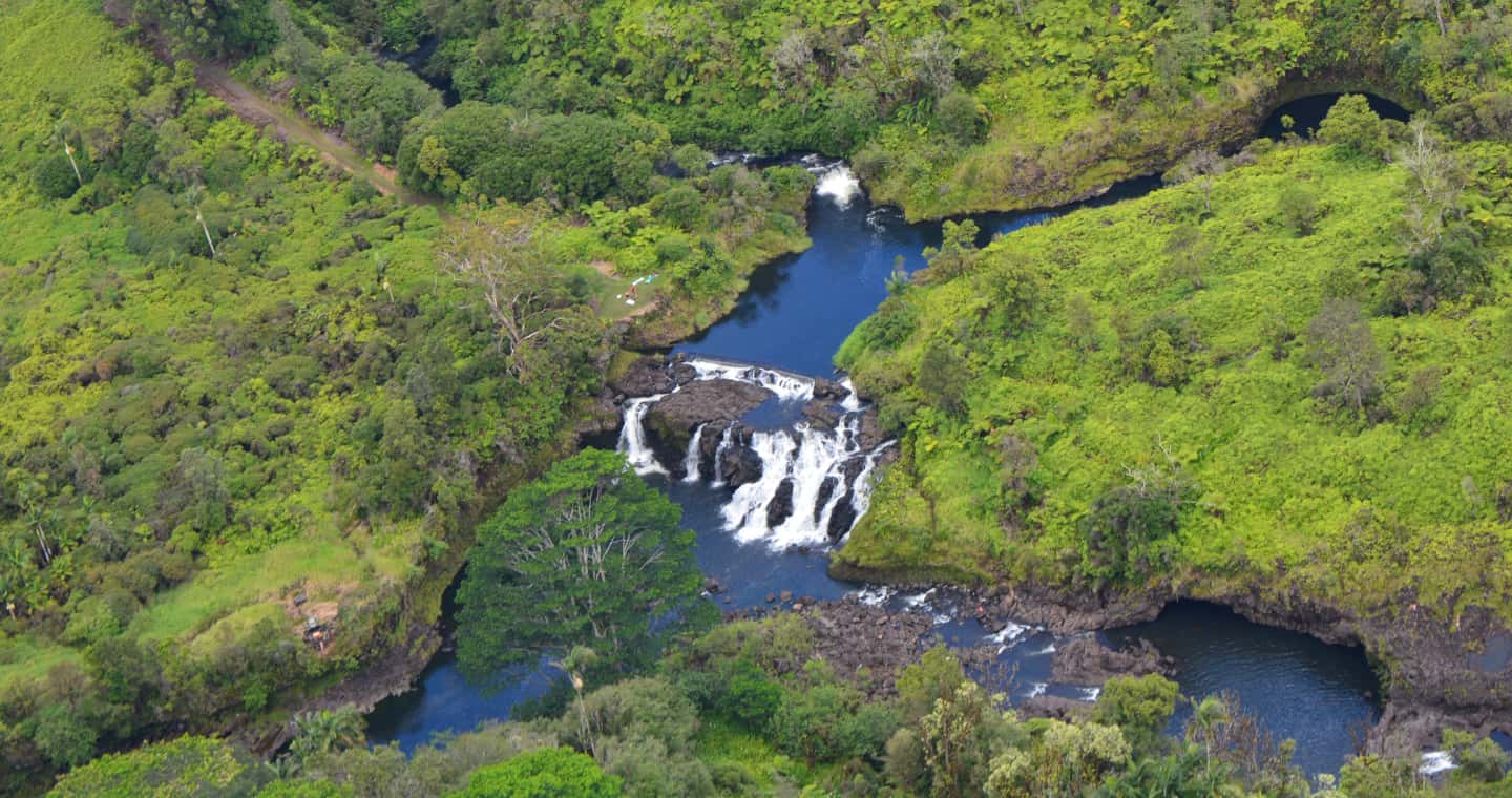 Aerial view of Big Island rivers and waterfalls.