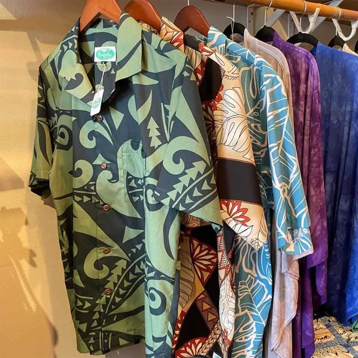 Colorful Hawaiian shirts in a store in Hilo, HI, perfect for Mother's Day 2024