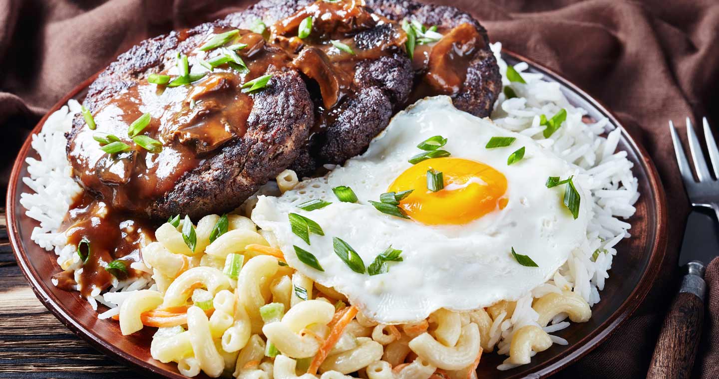 Loco moco of white rice Volcano Village Estates