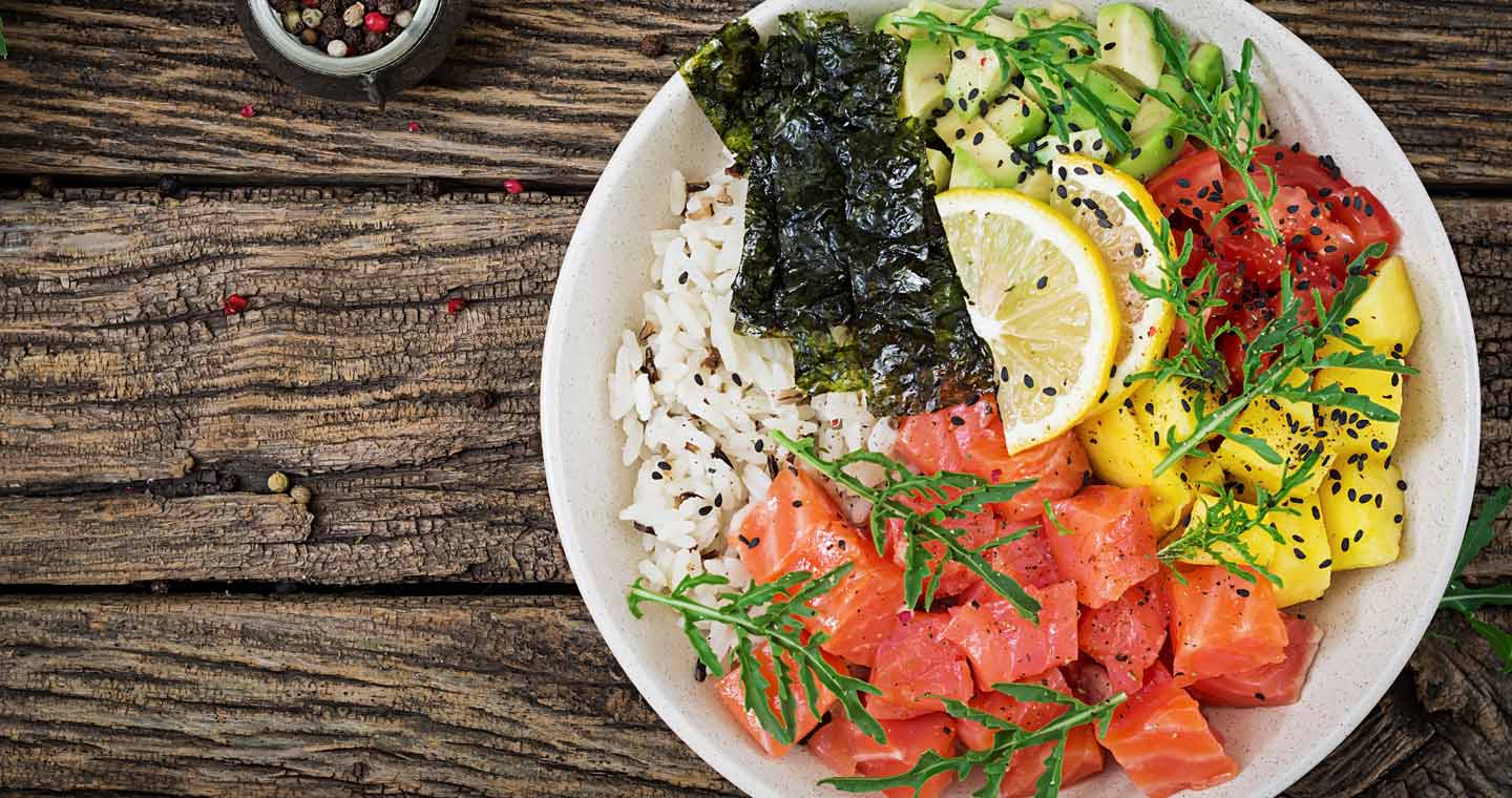 Hawaiian salmon fish poke bowl Volcano Estates