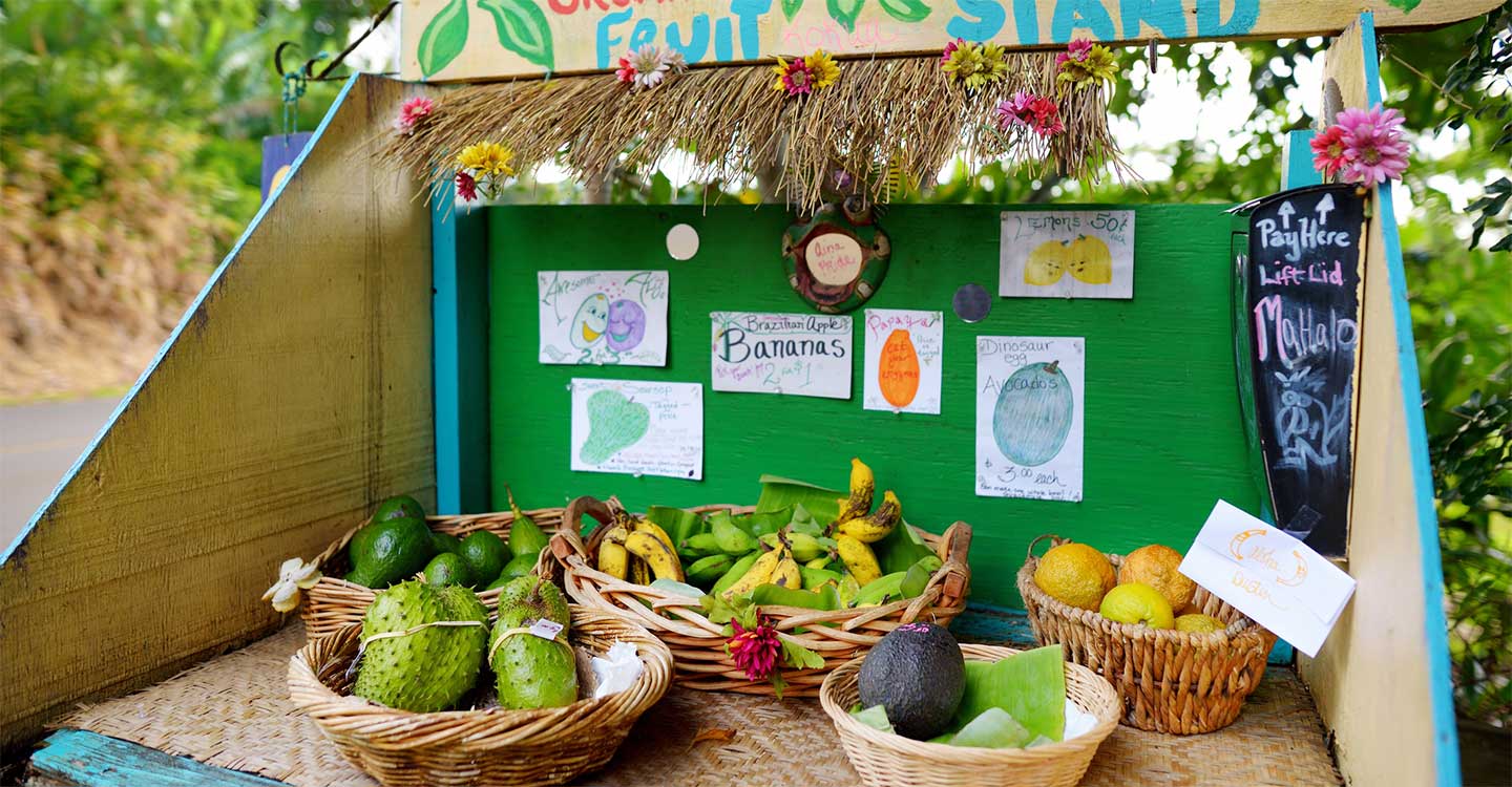 fruit stand with organic produce from Hawaii farms on the Big Island of Hawaii