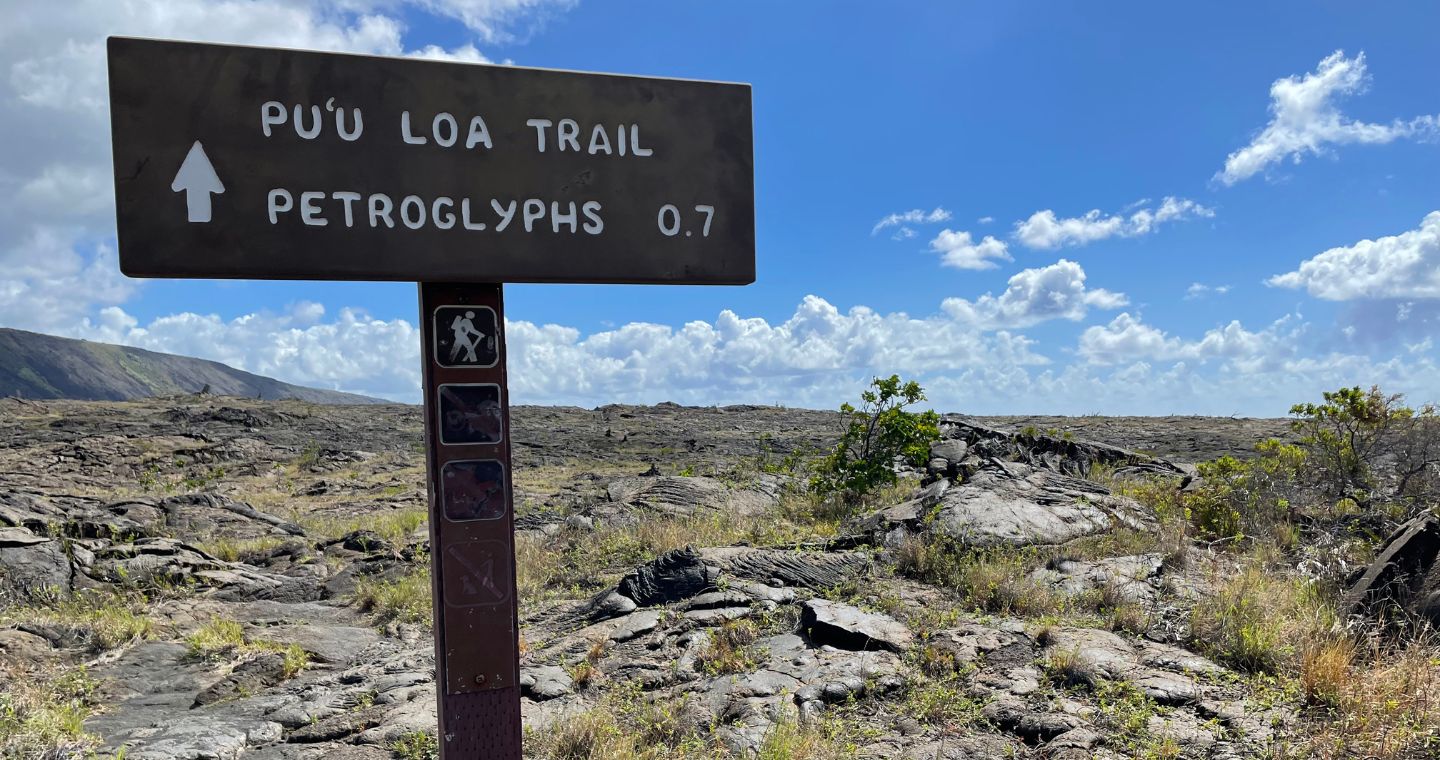 Sign for Hawaiian Petroglyphs and Pu‘u Loa Trail at Hawaii Volcanoes National Park