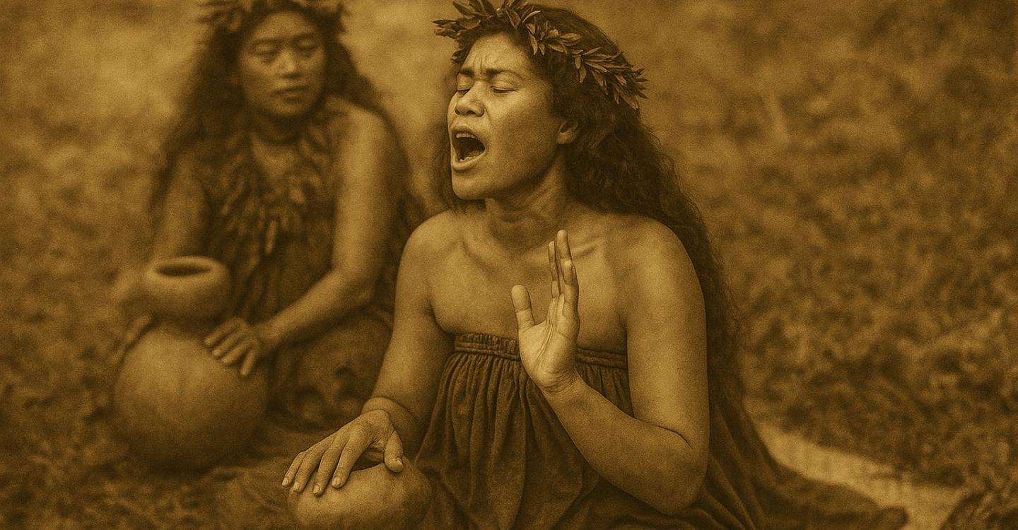 A historical photo of two women practicing hawaiian music chants and playing hawaiian instruments