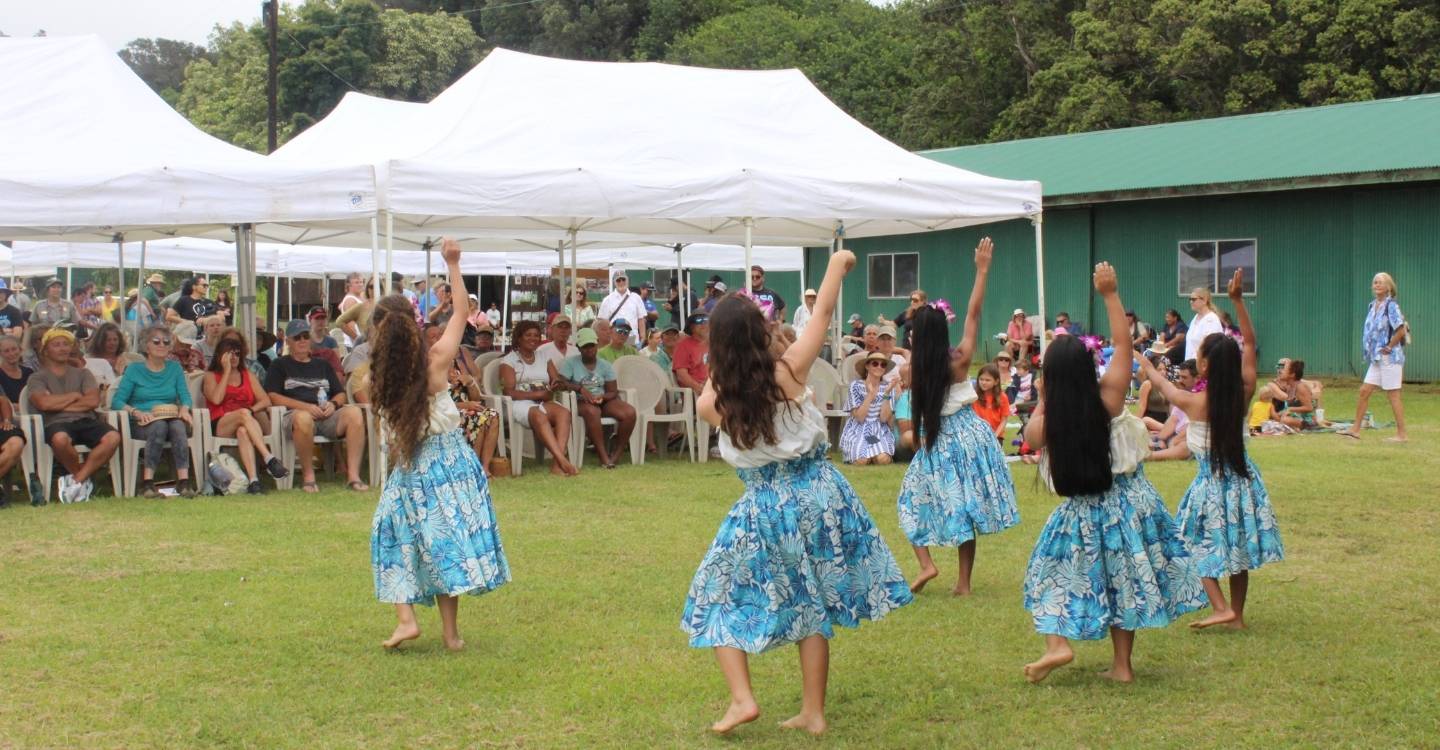 A group of hula dancers performing at an event at Hawaii Volcanoes National Park