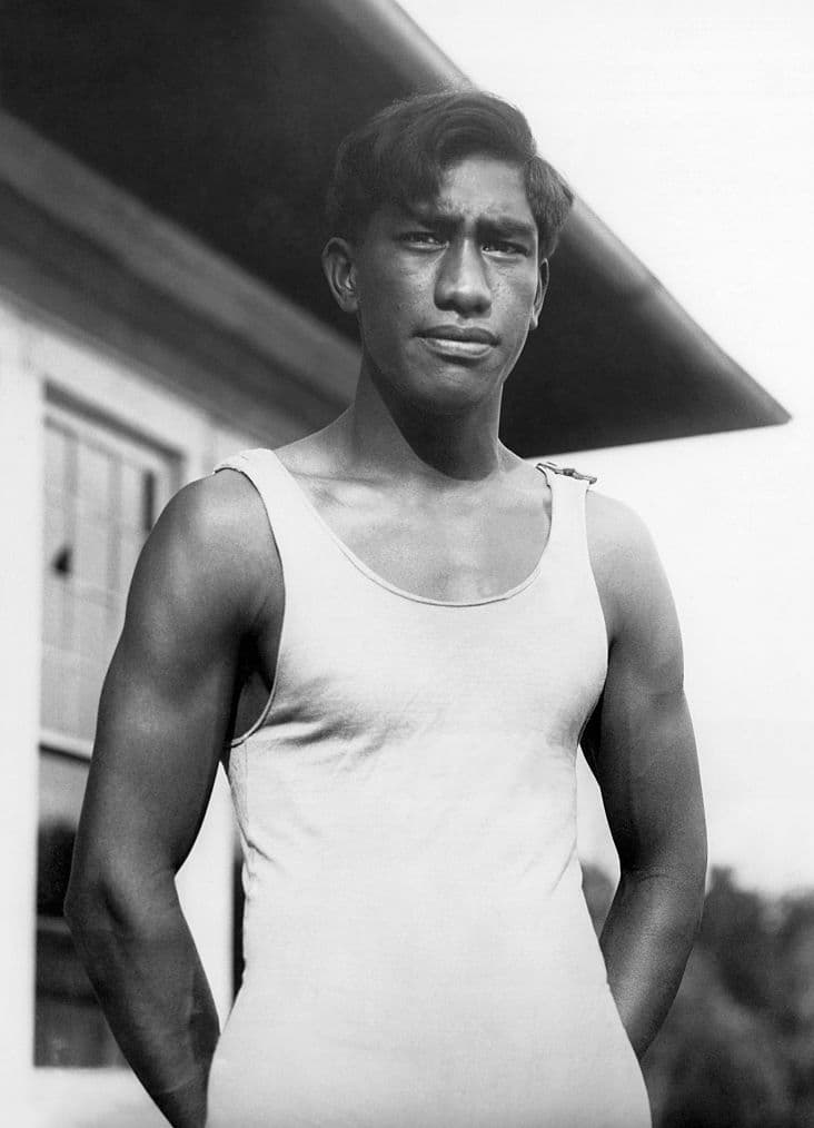 A portrait of swimming and surfing star Duke Kahanamoku, Hawaii, circa 1912.