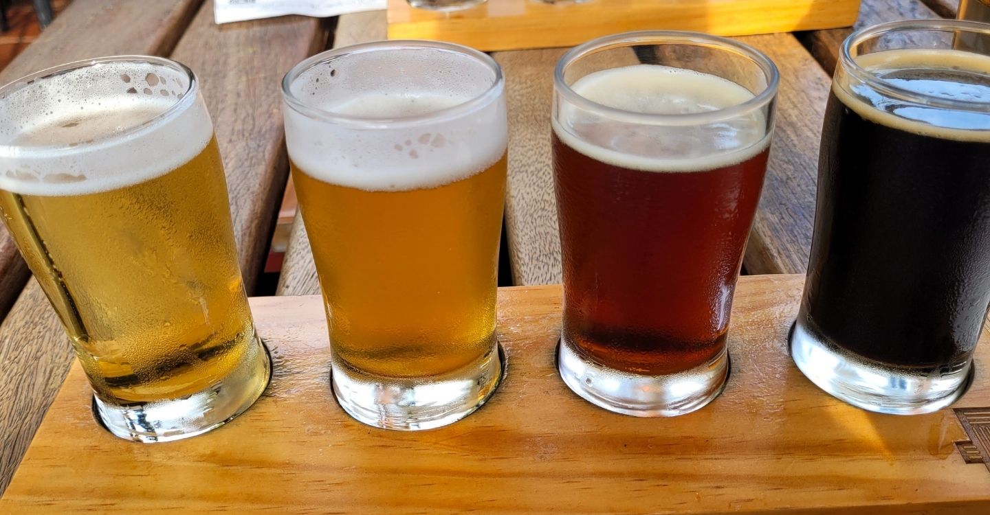 A flight of Hawaiian beers at Lanikai Brewing in Volcano, Hawaii