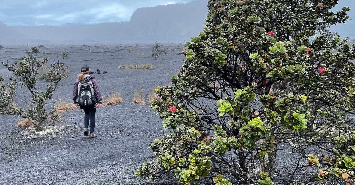 A woman walking through the Kīlauea Iki Crater at Hawaii Volcanoes National Park