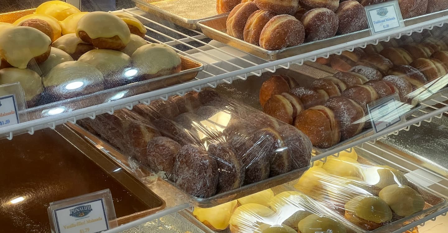 A case of malasadas at Punalu'u Bake Shop in Hawaii